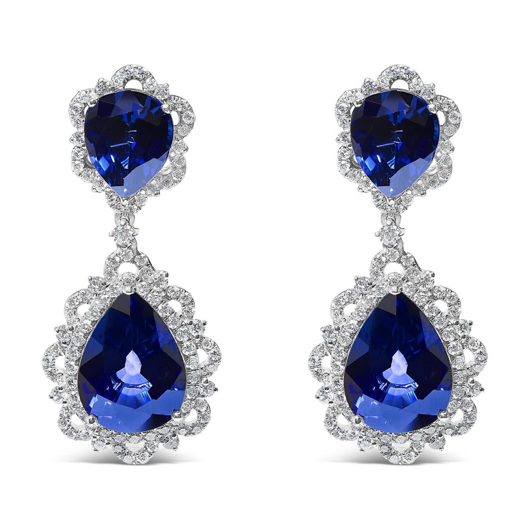 18K White Gold Blue Sapphire and Diamond 2.00 Cttw Diamond Halo Drop and Dangle Earring (G-H Color, SI1-SI2 Clarity)-0