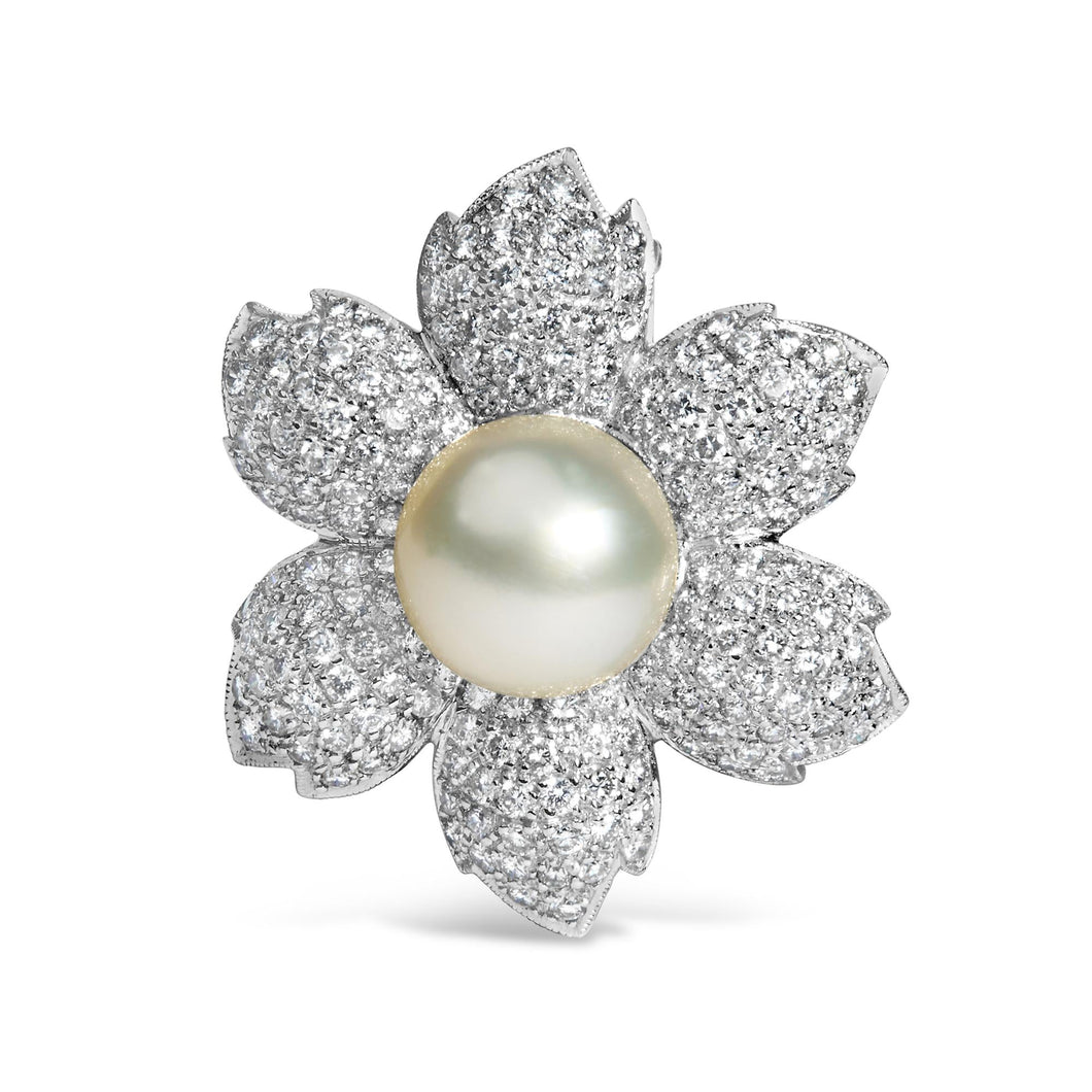 18K White Gold 2 3/4 Cttw Diamond and 12.5 MM Cultured Freshwater Pearl Floral Brooch Pin (G-H Color, VS1-VS2 Clarity)-0