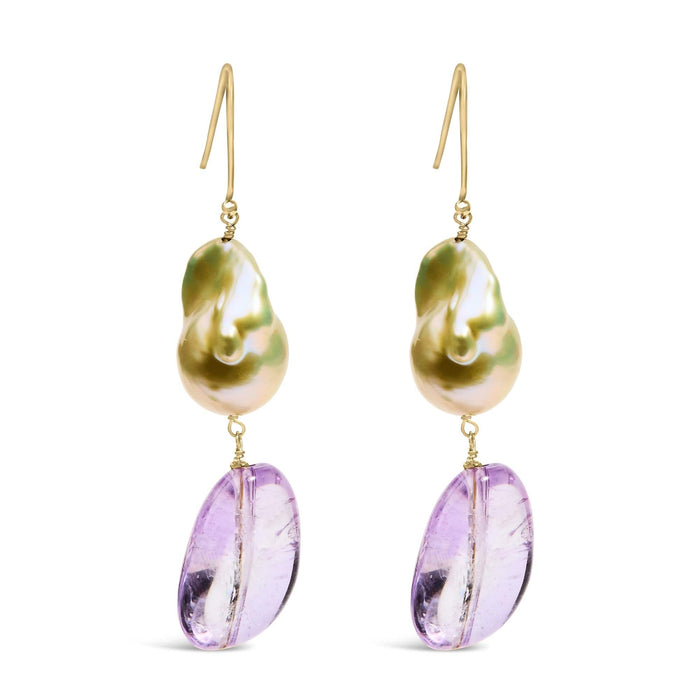 14K Yellow Gold Amethyst and Baroque Pearl Drop and Dangle Earrings 2
