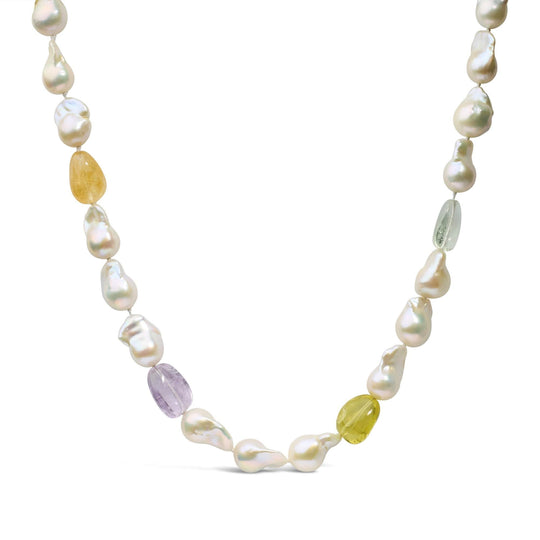 14K Yellow Citrine, Amethyst, and Baroque Pearl Strand Necklace - 18" Inches-0