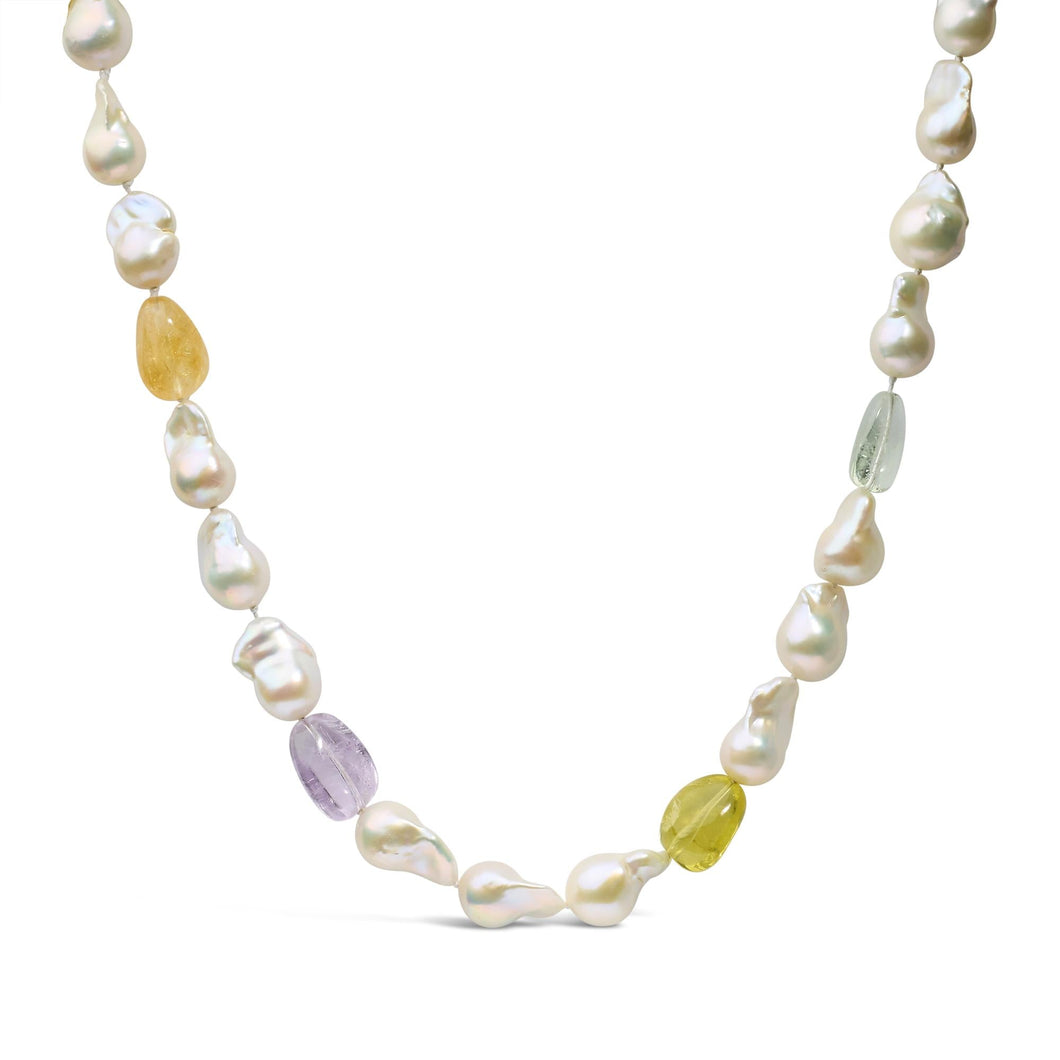 14K Yellow Citrine, Amethyst, and Baroque Pearl Strand Necklace - 18
