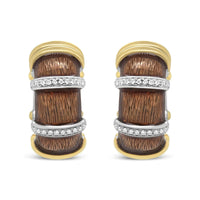 18K Yellow and White Gold Flash Plated .925 Sterling Silver Clear Brown Enamel 9/10 Cttw Round Diamonds Huggie Hoop Earrings (F-G Color, VS1-VS2 Clarity)