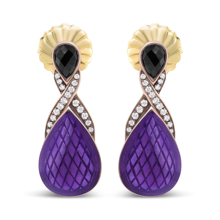 18K Rose Gold Flash Plated .925 Sterling Silver Purple Enamel 1/5 Cttw Round Pave-Set Diamond and 5.5 x 4mm Pear-Shaped Black Onyx Drop Earrings (F-G Color, VS1-VS2 Clarity)