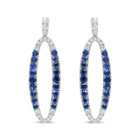 18K White Gold 1.11 Cttw Blue Round Diamond and Blue Sapphire Openwork Oval Shaped Dangle Earrings (F-G Color, VS1-VS2 Clarity)