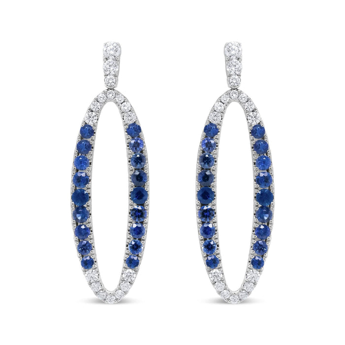 18K White Gold 1.11 Cttw Blue Round Diamond and Blue Sapphire Openwork Oval Shaped Dangle Earrings (F-G Color, VS1-VS2 Clarity)