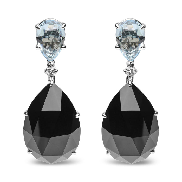 18K White Gold 1/5 Cttw Diamond with Pear Cut Sky Blue Topaz and Pear-Cut Black Onyx Gemstone Dangle Earring (G-H Color, SI1-SI2 Clarity)