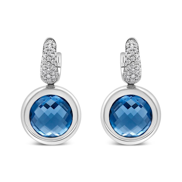 18K White Gold Bezel Set 11mm Blue Topaz and 1/2 Cttw Invisible Set Diamond Bale Dangle Earrings (F-G Color, VS1-VS2 Clarity)