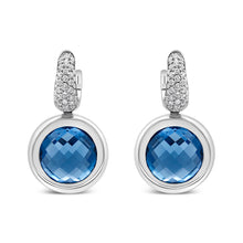 18K White Gold Bezel Set 11mm Blue Topaz and 1/2 Cttw Invisible Set Diamond Bale Dangle Earrings (F-G Color, VS1-VS2 Clarity)-0