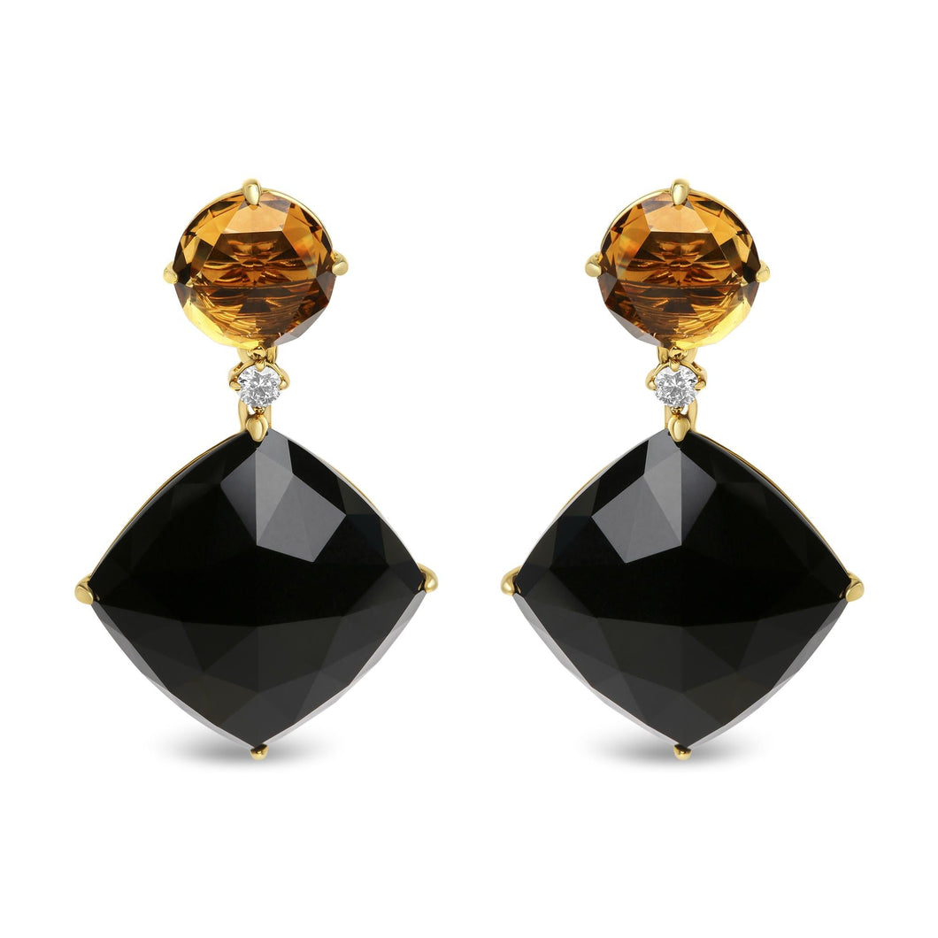 18K Yellow Gold 1/5 Cttw Diamond with Round Yellow Citrine and Cushion Cut Black Onyx Gemstone Dangle Earring (G-H Color, SI1-SI2 Clarity)-0