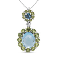 18k White Gold 0.05 Cttw Round Diamond and Blue Topaz and Green Peridot Gemstone Halo Drop 18
