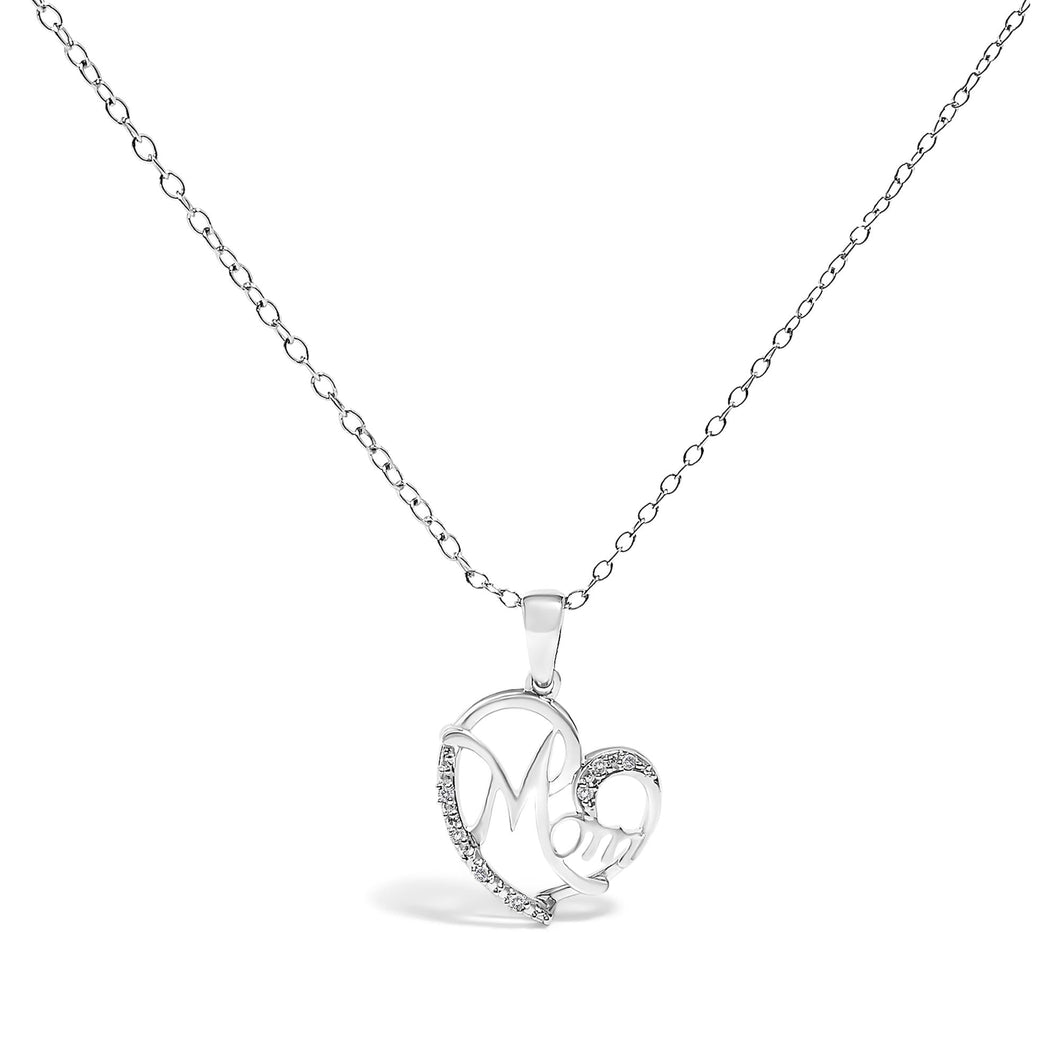 .925 Sterling Silver Cursive Mom Heart Diamond Accent Pendant Necklace (J-K Color, I2-I3 Clarity) - 18