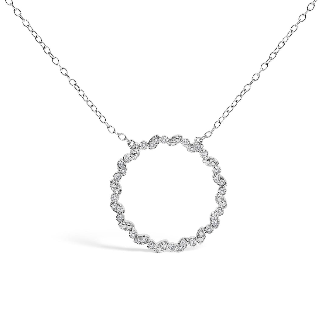 .925 Sterling Silver 1/7 Cttw Lab Grown Diamond Beaded Love Circle Pendant Necklace - Size 18 Inches-0
