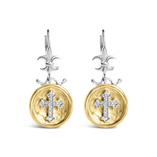 18K Yellow Gold Plated .925 Sterling Silver 1/8 Cttw Diamond Hammered Finished Medallion with Cross Drop and Dangle Earrings (I-J Color, SI1-SI2 Clarity)-0