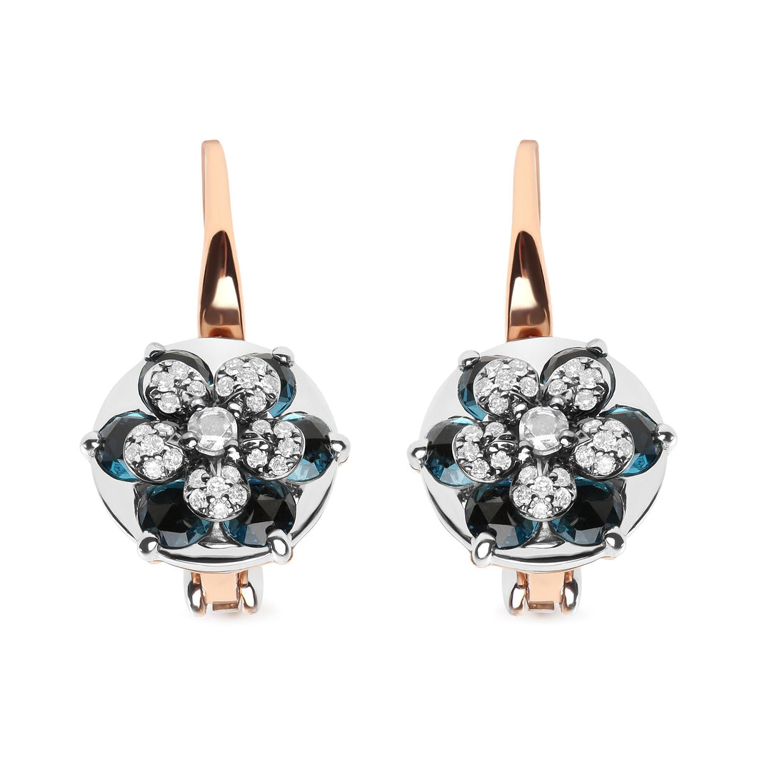 18K Rose and White Gold 1/3 Cttw Round Diamonds and Round London Blue Topaz Gemstone Cluster Floral Drop Hoop Earrings (G-H Color, SI1-SI2 Clarity)-0