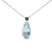 18K White Gold 3/8 Cttw Pave Set Diamond and Sky Blue Topaz and Blue Sapphire Gemstone Floral Teardrop Halo 18