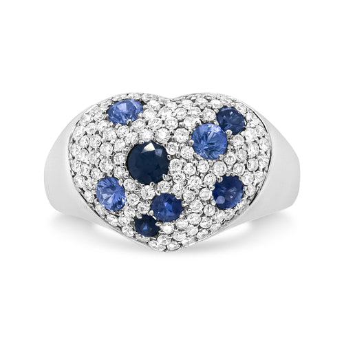 18K White Gold Blue Sapphire and 5/8 Cttw Diamond Cluster Heart Shaped  Ring (F-G Color, VS1-VS2 Clarity)-0