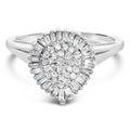 10K white gold ring with round and baguette diamond stones in pear halo
