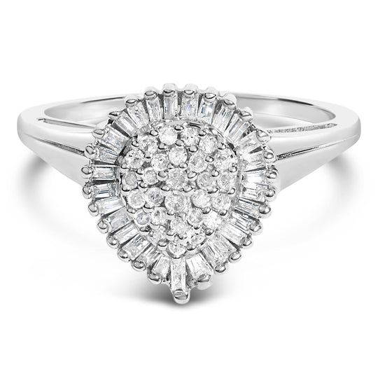 10K White Gold 1/2 Cttw Round & Baguette Cut Diamond Pear Shaped Domed Pavé Cluster with Halo Cocktail Ring (H-I Color, SI1-SI2 Clarity)-0