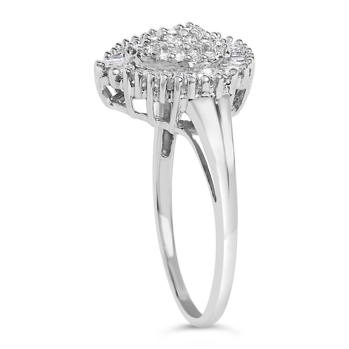 10K White Gold 1/2 Cttw Round & Baguette Cut Diamond Pear Shaped Domed Pavé Cluster with Halo Cocktail Ring (H-I Color, SI1-SI2 Clarity)