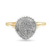 10K yellow gold ring with round and baguette diamond pavé cluster and halo thumbnail 1