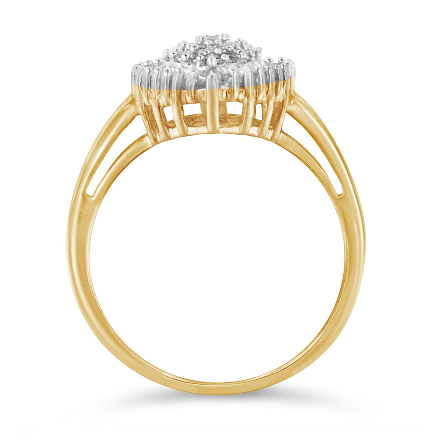 10K Yellow Gold 1/2 Cttw Round & Baguette Cut Diamond Pear Shaped Domed Pavé Cluster with Halo Cocktail Ring (J-K Color, I1-I2 Clarity)