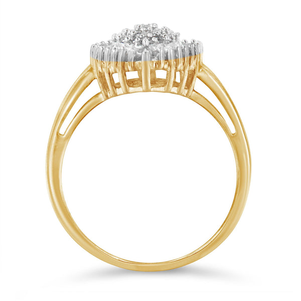 10K Yellow Gold 1/2 Cttw Round & Baguette Cut Diamond Pear Shaped Domed Pavé Cluster with Halo Cocktail Ring (J-K Color, I1-I2 Clarity)