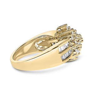 10K Yellow Gold 1.0 Cttw Round & Baguette Cut Diamond Floral Cluster Double-Channel Flared Band Statement Ring (H-I Color, SI2-I1 Clarity)-1