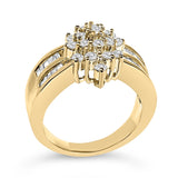 10K Yellow Gold 1.0 Cttw Round & Baguette Cut Diamond Floral Cluster Double-Channel Flared Band Statement Ring (H-I Color, SI2-I1 Clarity)-3 thumbnail 4