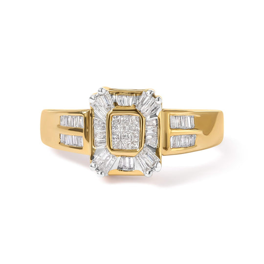 10K yellow gold ring with round diamond composite center and diamond halo
