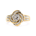 10K yellow gold ring with round and baguette diamond flower swirl
