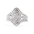 14K white gold ring with round and baguette diamond cluster