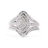 14K white gold ring with round and baguette diamond cluster thumbnail 1