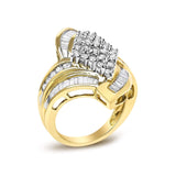 14K Yellow Gold 1-1/3 Cttw Round and Baguette Diamond Bypass Cocktail Ring-3 thumbnail 4