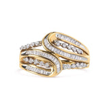 10K yellow gold bypass ring with round and baguette diamond stones thumbnail 1