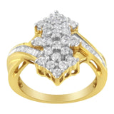 10K Yellow Gold Round And Baguette Cut Diamond Cluster Ring (1 1/10 Cttw, H-I Color, SI2-I1 Clarity)-3 thumbnail 4