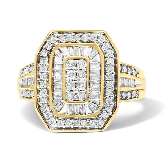 10K yellow gold ring with baguette diamond stones in a double halo frame