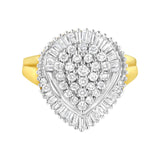 10K yellow gold ring with round and baguette diamond stones in oval cluster thumbnail 1