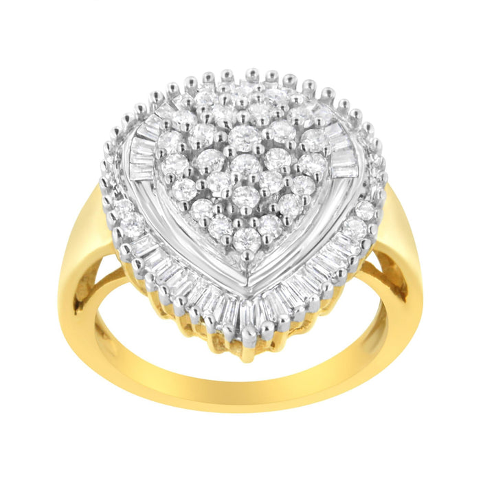10K Yellow Gold 1.0 Cttw Round and Baguette Cut Diamond Oval Shaped Cluster Ring (I-J Color, I1-I2 Clarity)