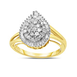 10K yellow gold pear ring with round and baguette diamond stones thumbnail 1