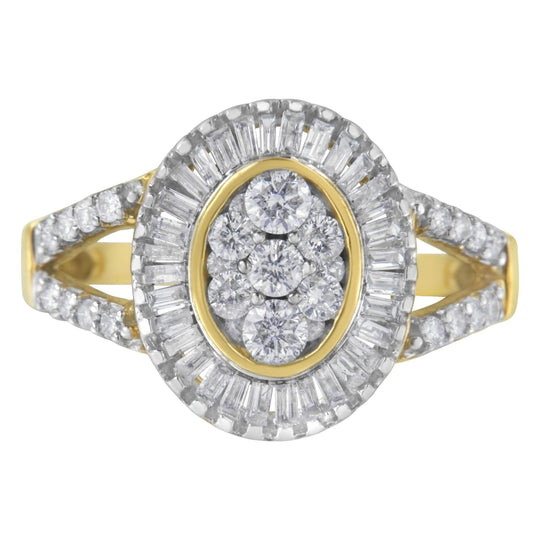 10K yellow gold cocktail ring with clustered round diamond stones