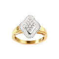 10K yellow gold ring with round and baguette diamond stones in halo setting
