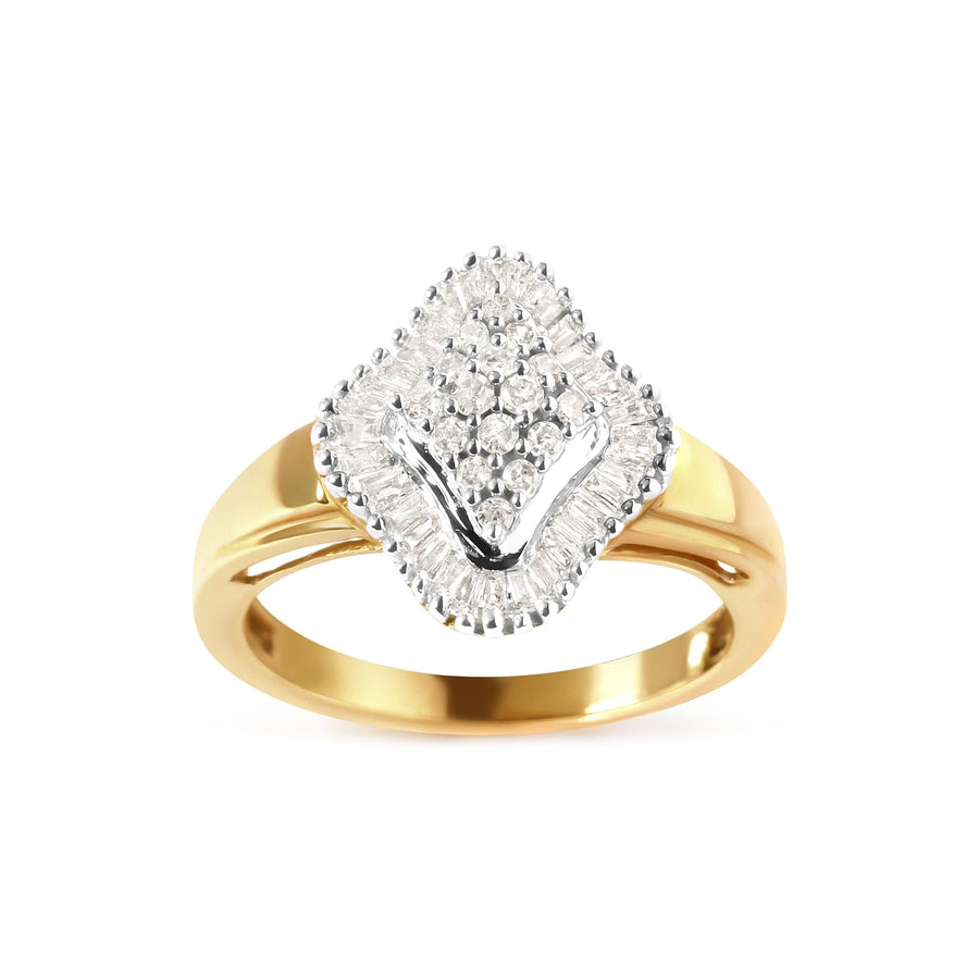 10K Yellow Gold 1/2 Cttw Round And Baguette-cut Diamond Rhombus Head and Halo Ring (I-J Color, I1-I2 Clarity)