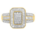 10K yellow gold ring with round and baguette diamond cluster stones