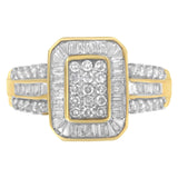 10K yellow gold ring with round and baguette diamond cluster stones thumbnail 1