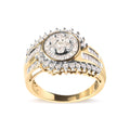 10K yellow gold ring with round and baguette diamond cluster swirl band