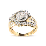 10K yellow gold ring with round and baguette diamond cluster swirl band thumbnail 1