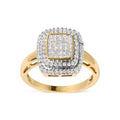 10K yellow gold ring with round and princess diamond composite head and halo