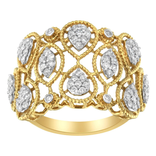 14K yellow gold ring with round diamond stones in Art Deco pattern