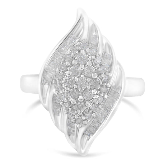 925 sterling silver ring with round and baguette diamond stair-stepped cluster