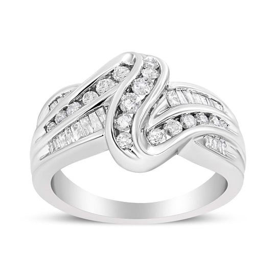 10K white gold ring with round diamond stones in a bypass setting